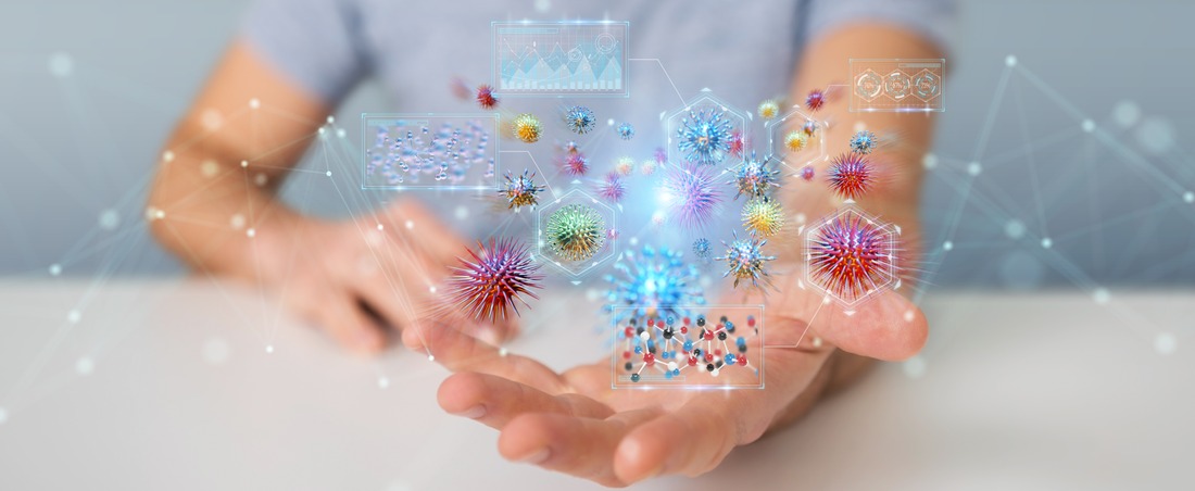 Businessman on blurred background analyzing bacteria microscopic close-up 3D rendering