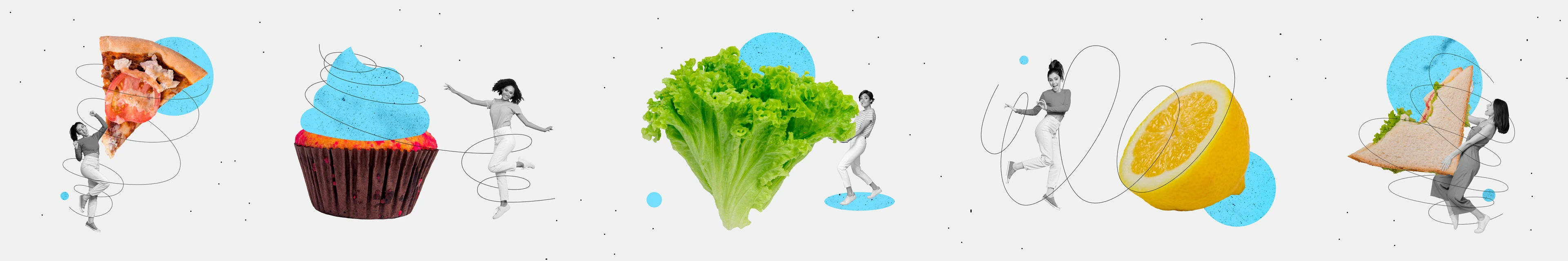 Creative retro 3d magazine collage image of happy smiling ladies choosing healthy or unhealthy food isolated white color background