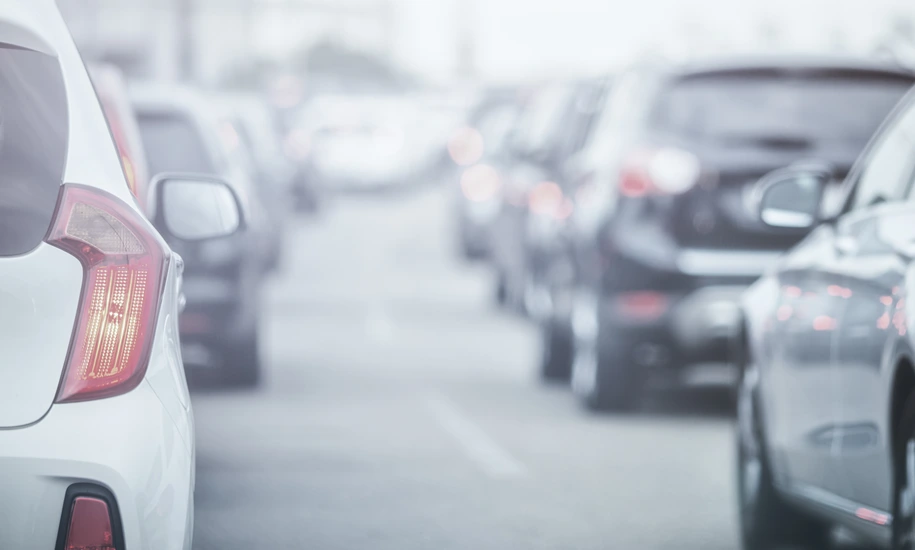 Cars in traffic jams in fog