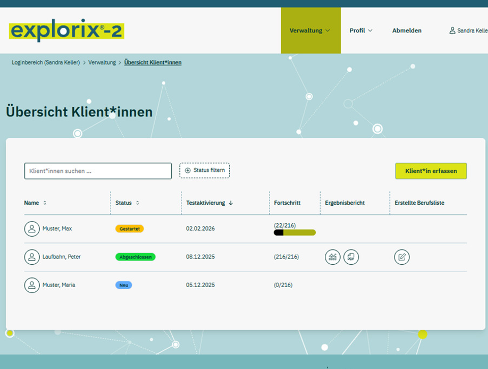 Screenshot der Klient*innenverwaltung im explorix®-2 Fachpersonenportal