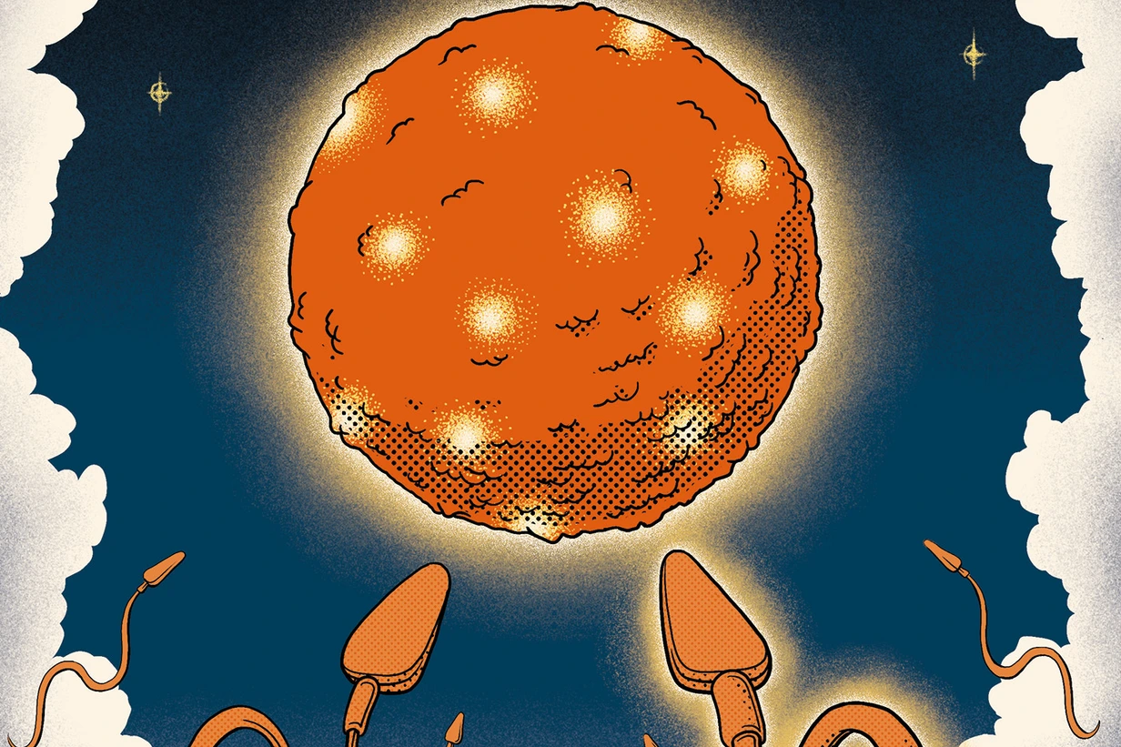 Artwork features an allegorical representation of a fertilization event