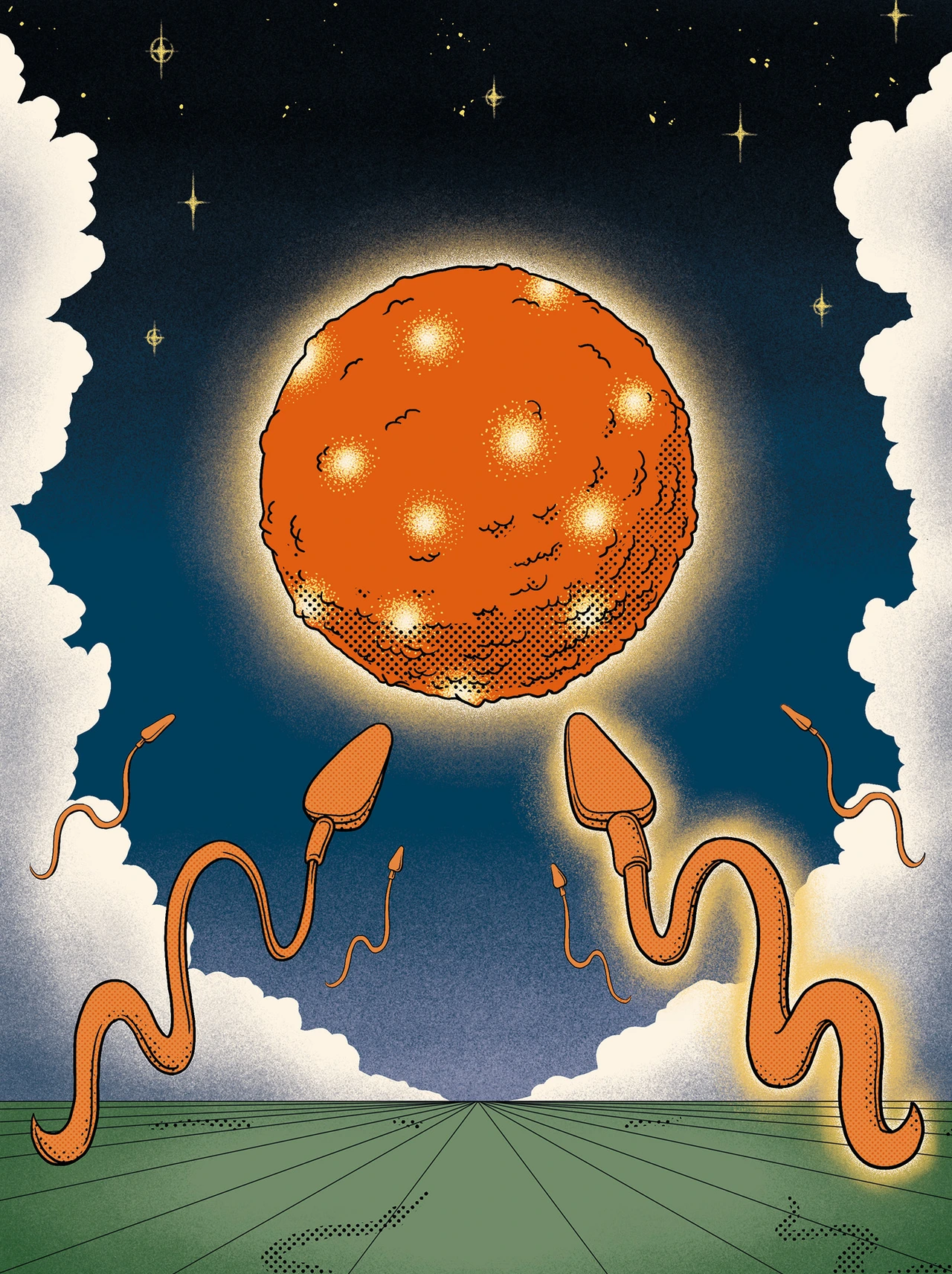 Artwork features an allegorical representation of a fertilization event