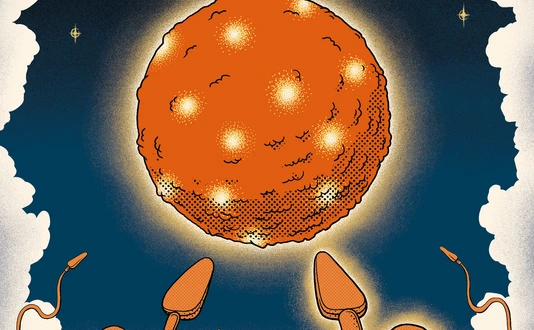 Artwork features an allegorical representation of a fertilization event