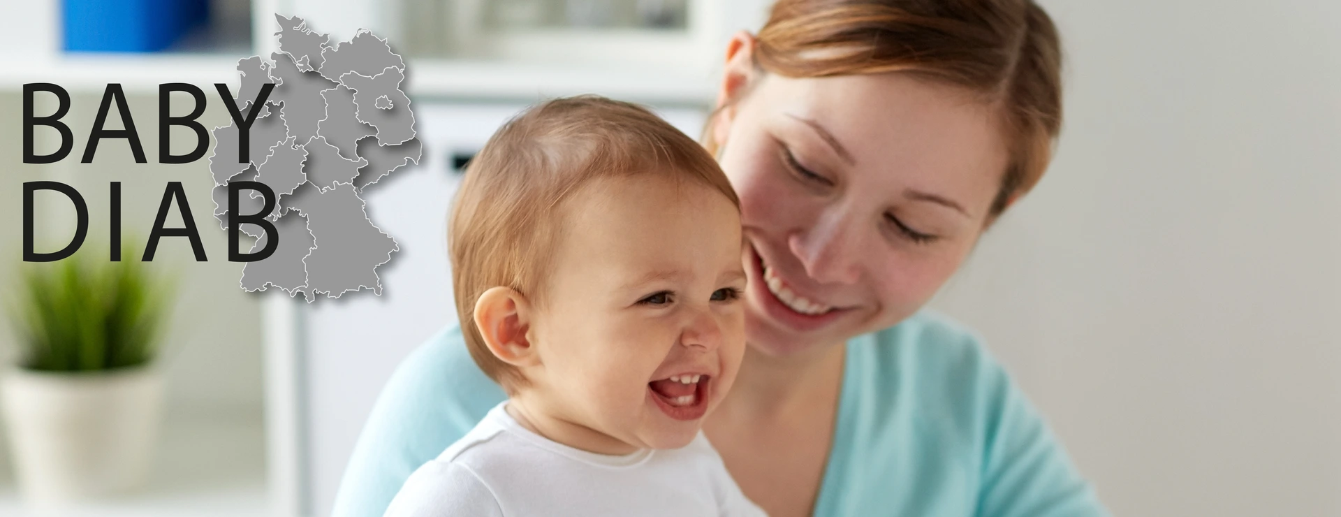 happy woman with baby and doctor at clinic and logo babydiab