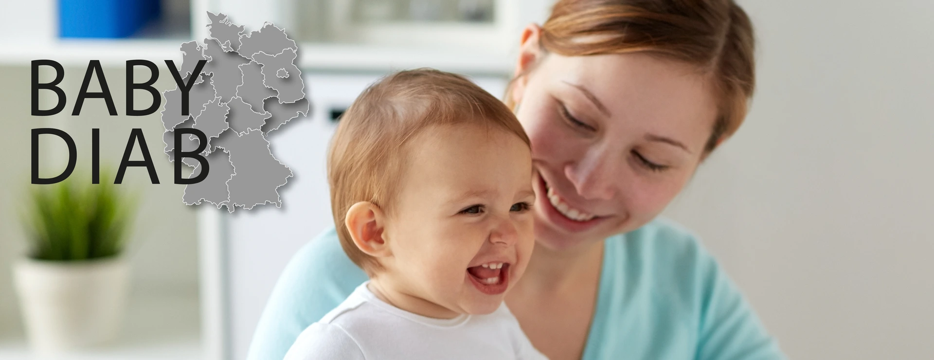 happy woman with baby and doctor at clinic and logo babydiab