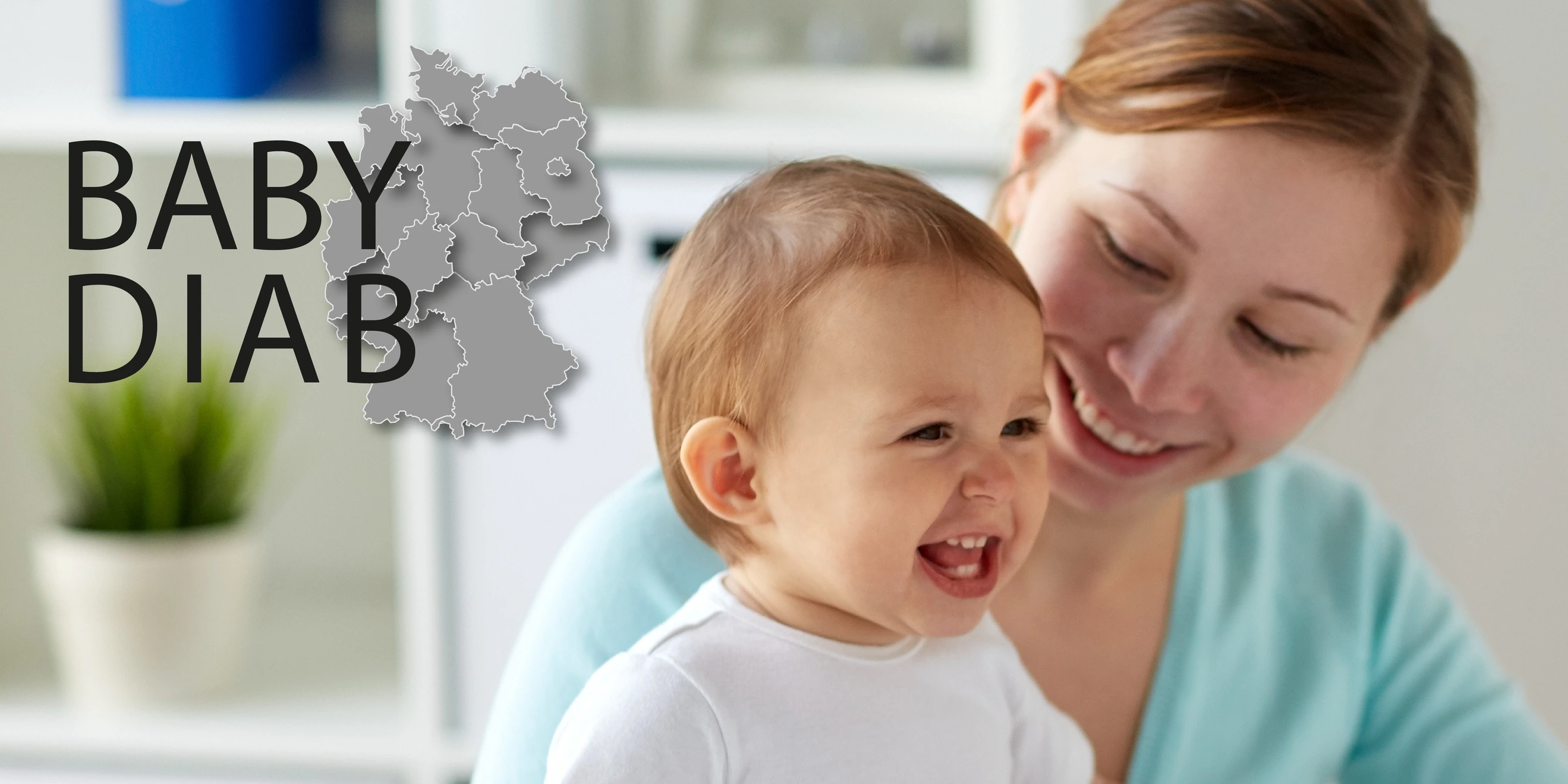 happy woman with baby and doctor at clinic and logo babydiab