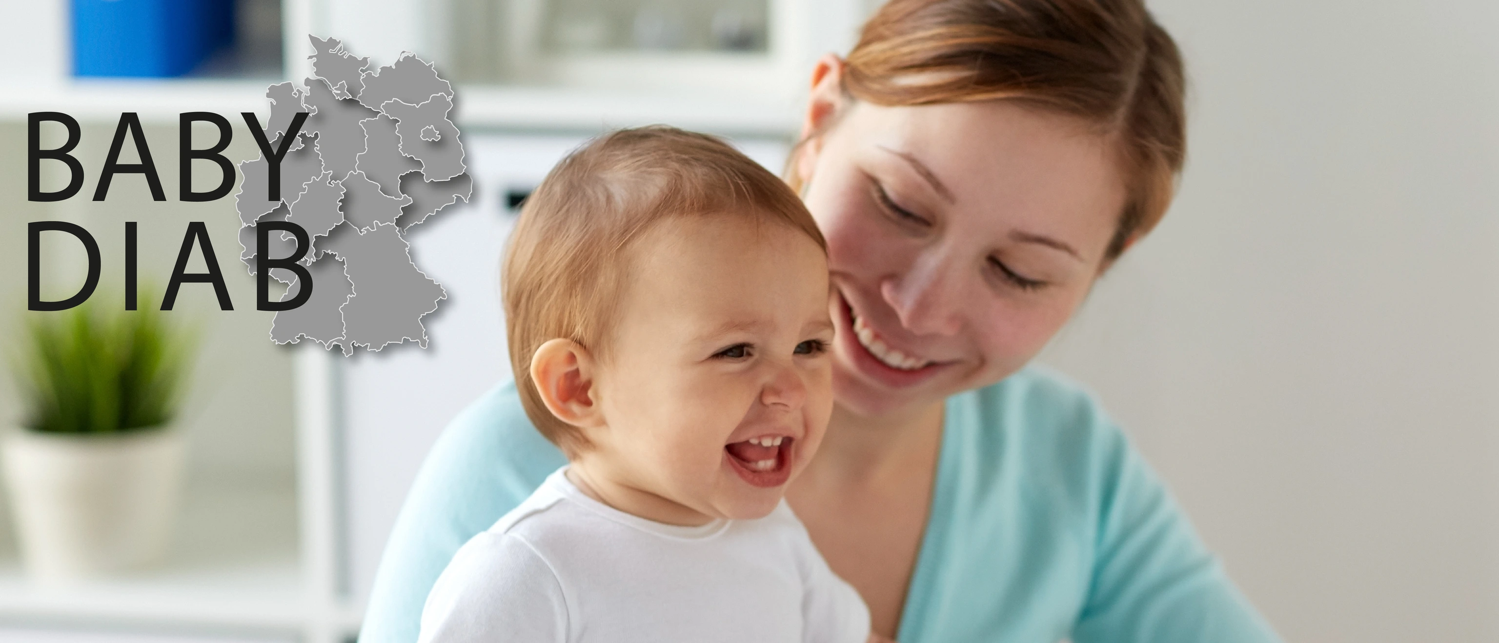 happy woman with baby and doctor at clinic and logo babydiab