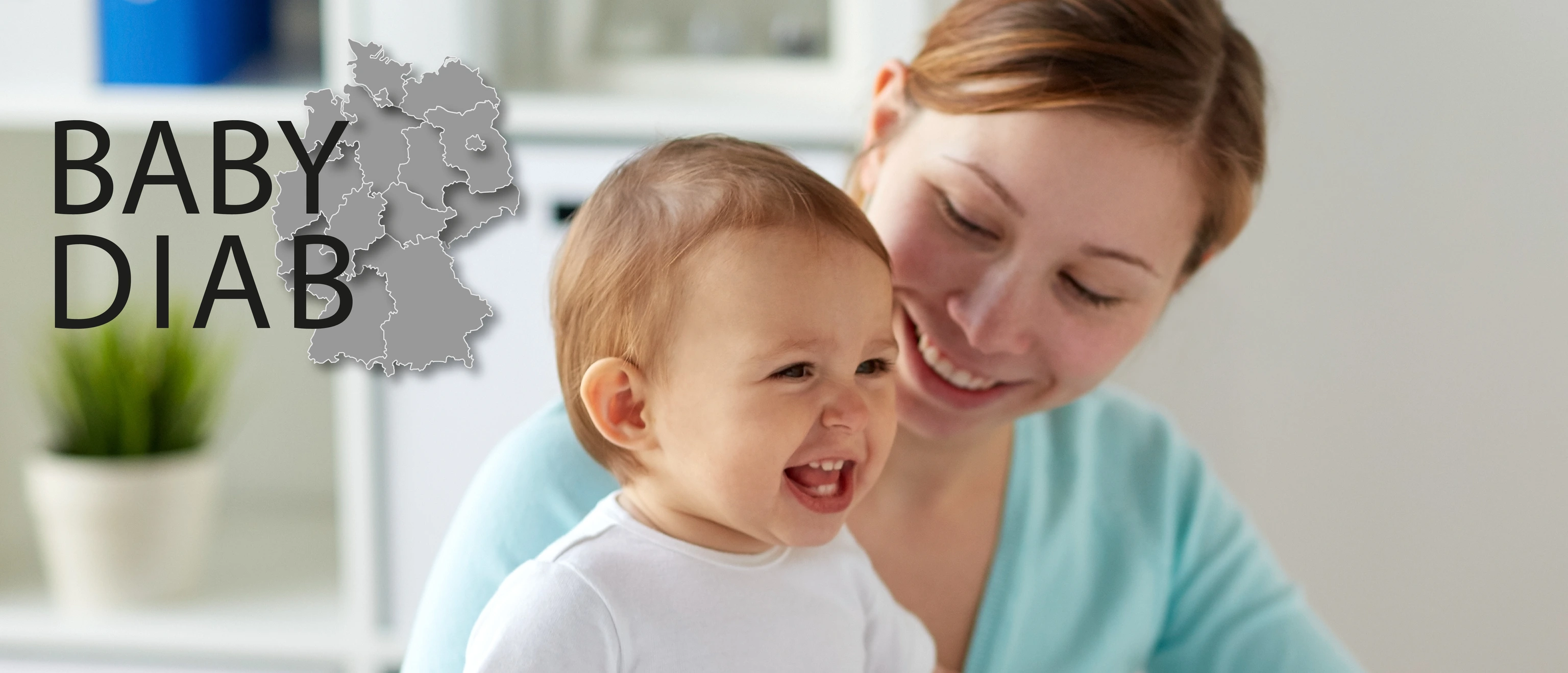 happy woman with baby and doctor at clinic and logo babydiab