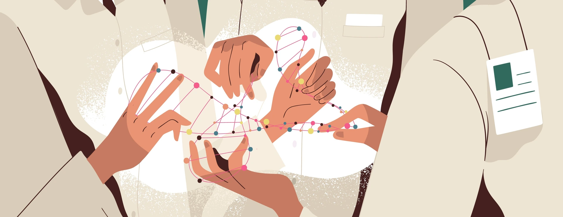 Group of scientists or researchers in lab coats holding DNA molecule and analyzing it. Scientific research in genetic engineering, genome modification and genomics. Flat cartoon vector illustration.