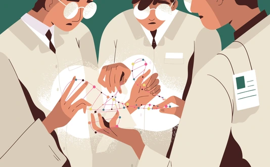 Group of scientists or researchers in lab coats holding DNA molecule and analyzing it. Scientific research in genetic engineering, genome modification and genomics. Flat cartoon vector illustration.