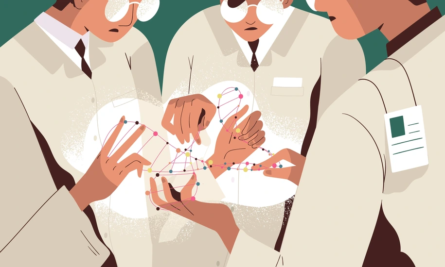 Group of scientists or researchers in lab coats holding DNA molecule and analyzing it. Scientific research in genetic engineering, genome modification and genomics. Flat cartoon vector illustration.