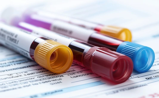 Color-Coded Blood Test Tubes on Medical Form. Close-up of color-coded blood test tubes placed on a laboratory form, representing healthcare diagnostics, blood analysis, and medical testing.