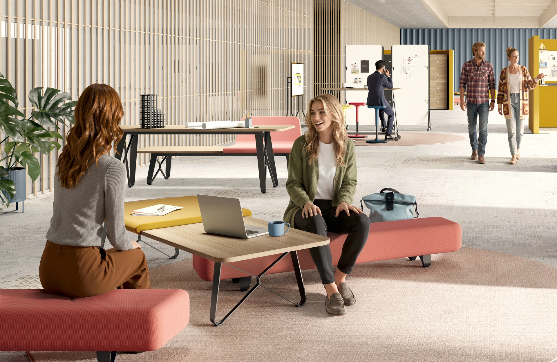Layers Sitzbank, Tisch flach, Tisch mittel, Tisch hoch, Clamp, P5 Tisch und Whiteboard, People, Frauen , Layers Sitzbank, Tisch flach, Tisch mittel, Tisch hoch, Clamp, P5 Tisch und Whiteboard, People, Frauen