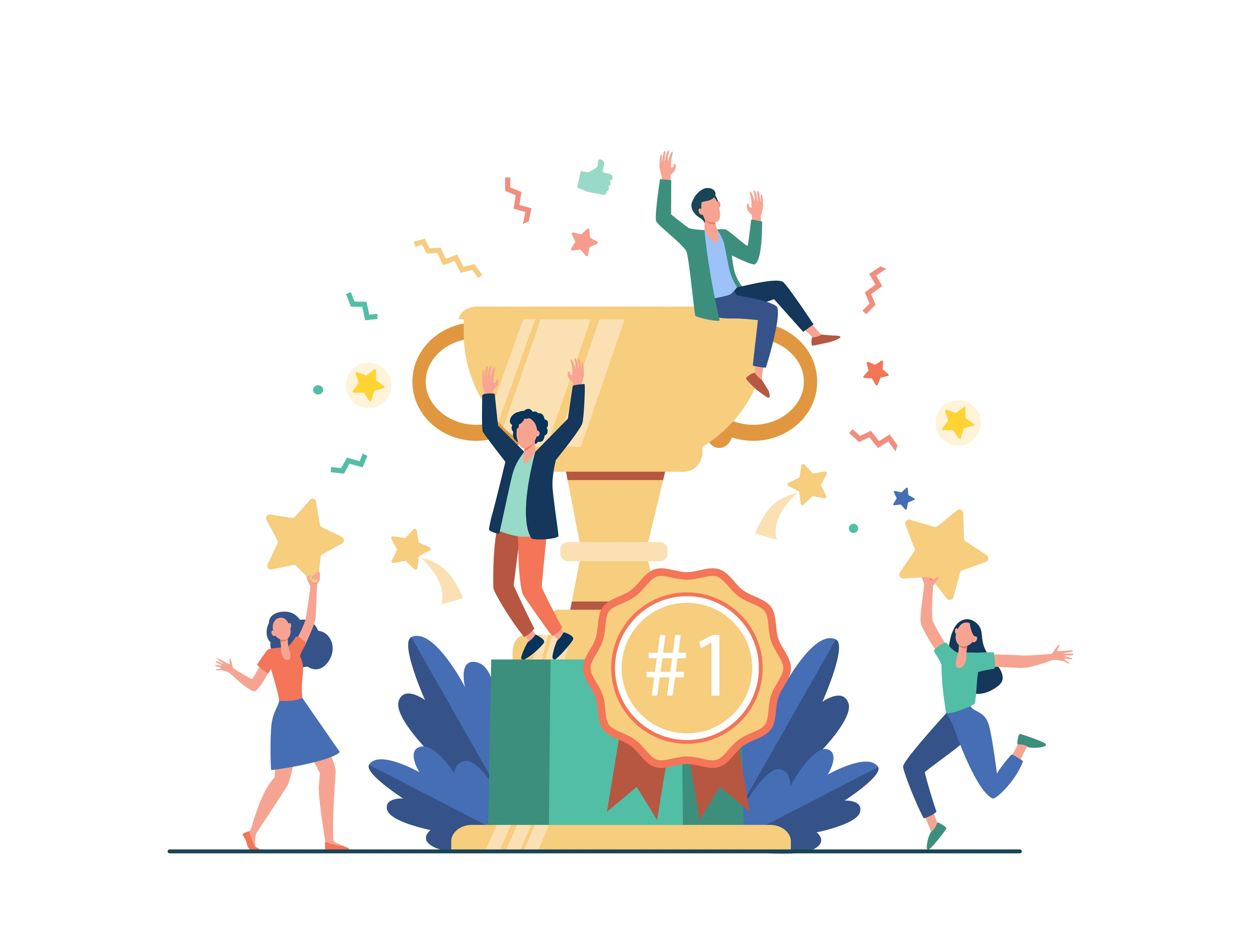 AdobeStock_369481241
Team of happy employees winning award and celebrating success. Business people enjoying victory, getting gold cup trophy. Vector illustration for reward, prize, champions concepts