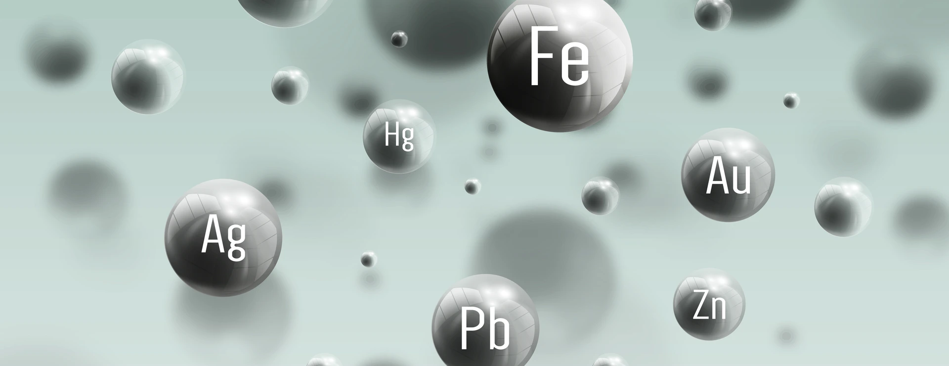 Three dimensional glowing steel spheres, gray background. Abstract molecules design of metals. Scientific background for banner or flyer