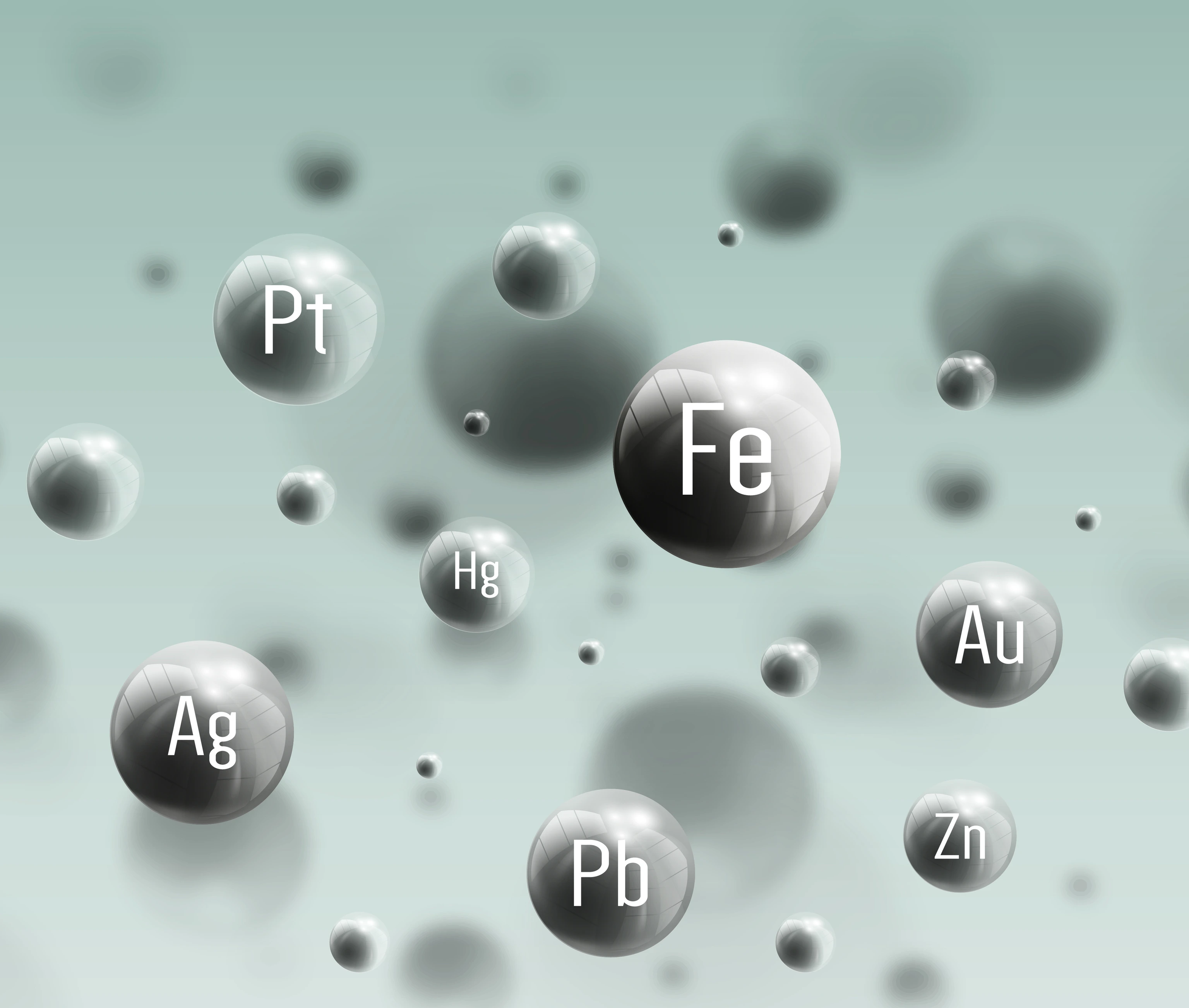 Three dimensional glowing steel spheres, gray background. Abstract molecules design of metals. Scientific background for banner or flyer