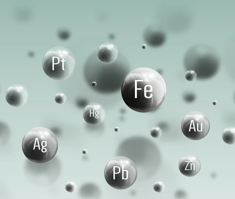 Three dimensional glowing steel spheres, gray background. Abstract molecules design of metals. Scientific background for banner or flyer
