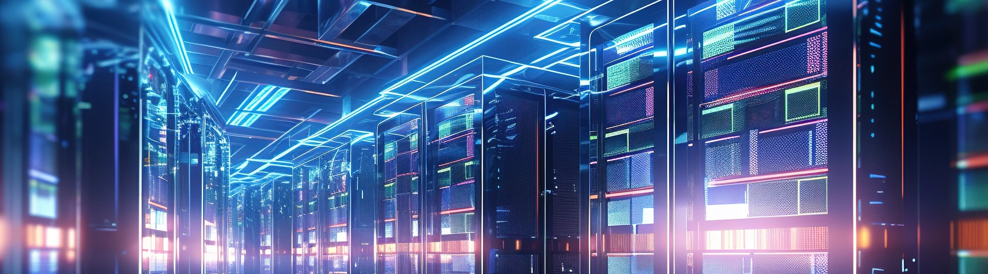 Shot of corridor in working data center filled with rack servers and supercomputers AI background
