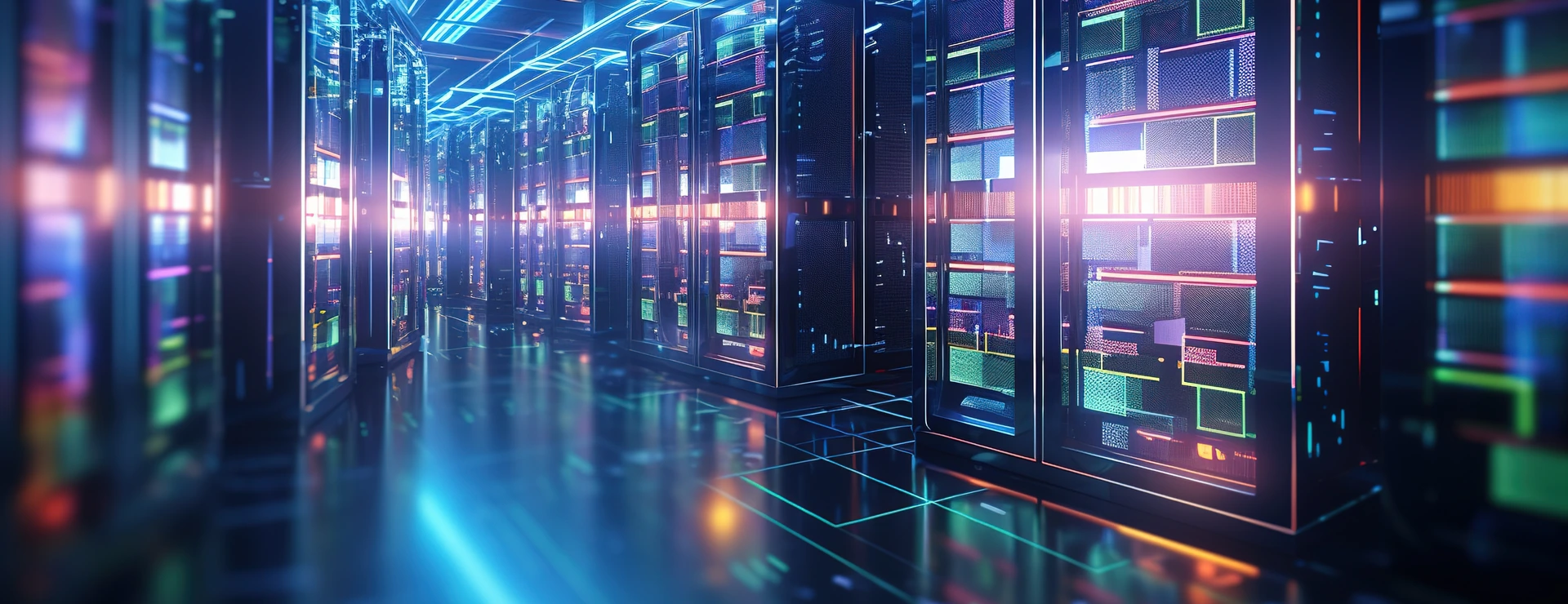 Shot of corridor in working data center filled with rack servers and supercomputers AI background
