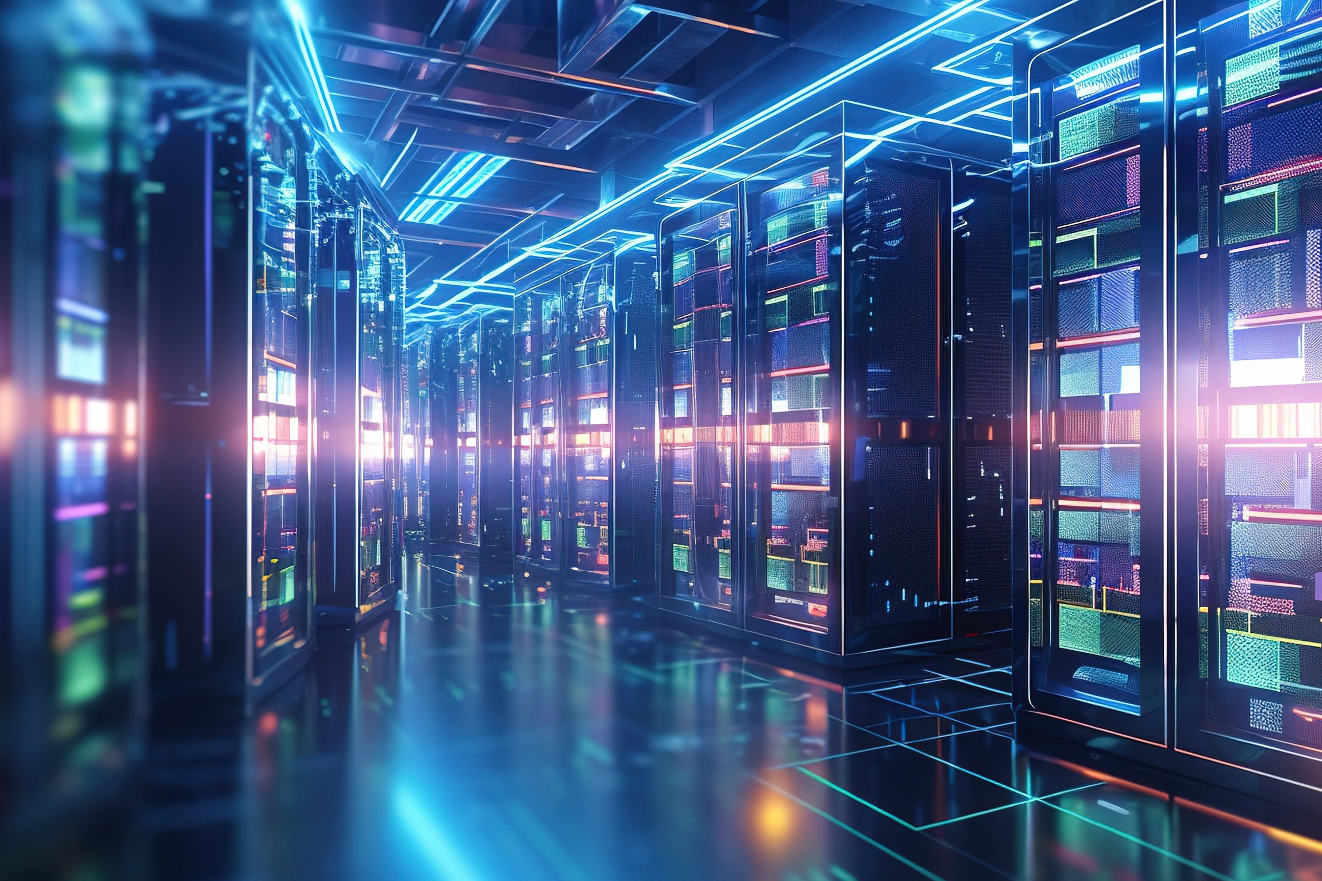 Shot of corridor in working data center filled with rack servers and supercomputers AI background