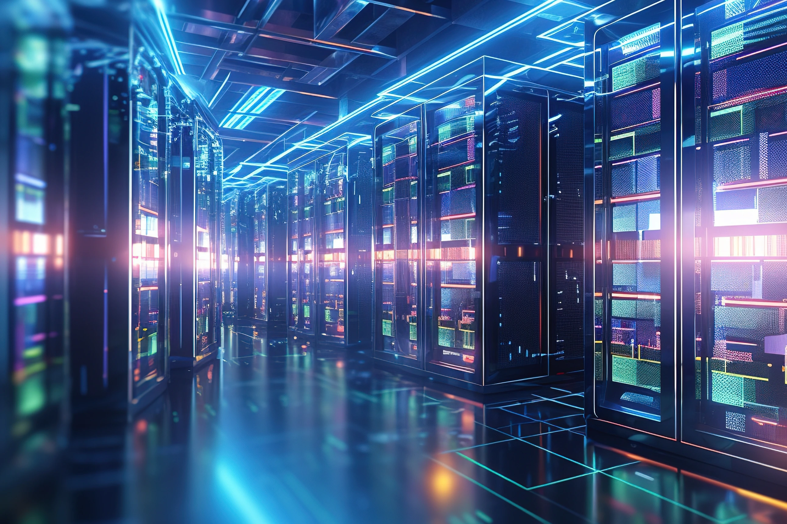 Shot of corridor in working data center filled with rack servers and supercomputers AI background