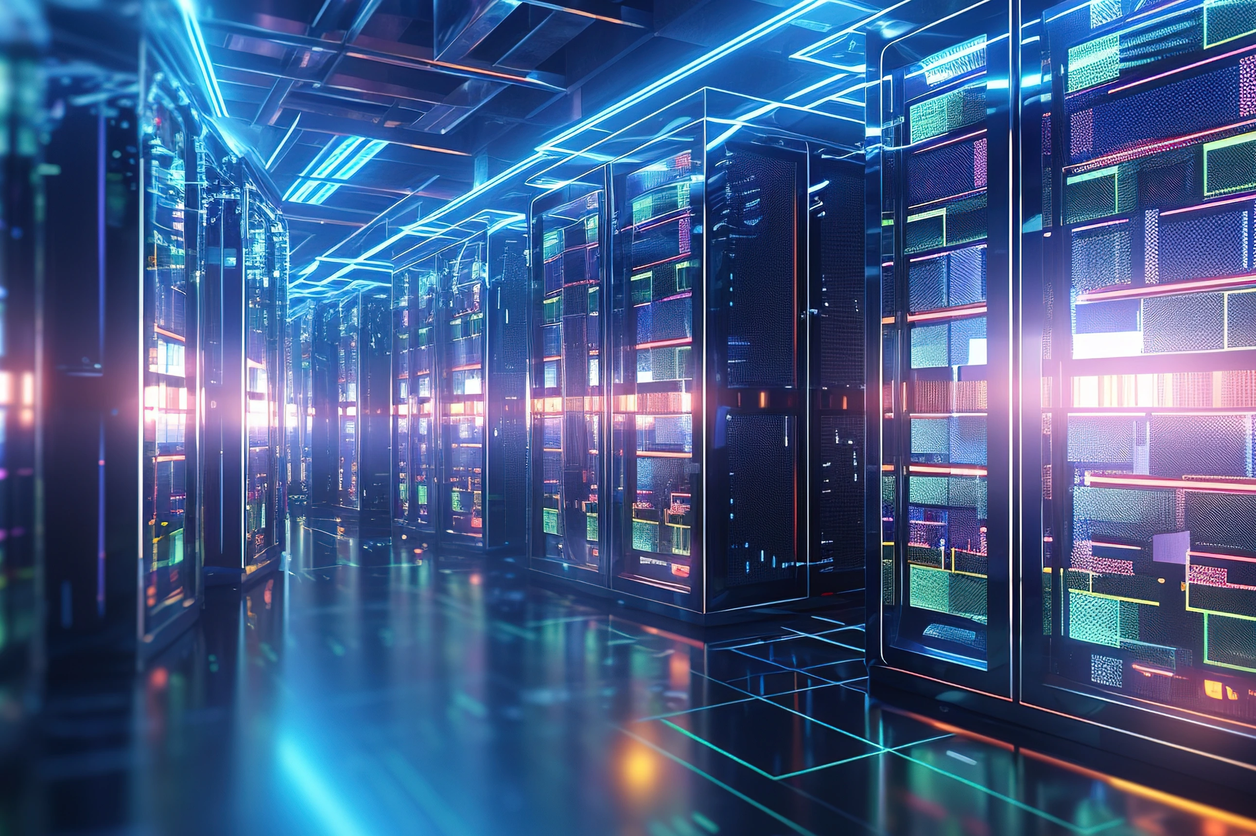 Shot of corridor in working data center filled with rack servers and supercomputers AI background