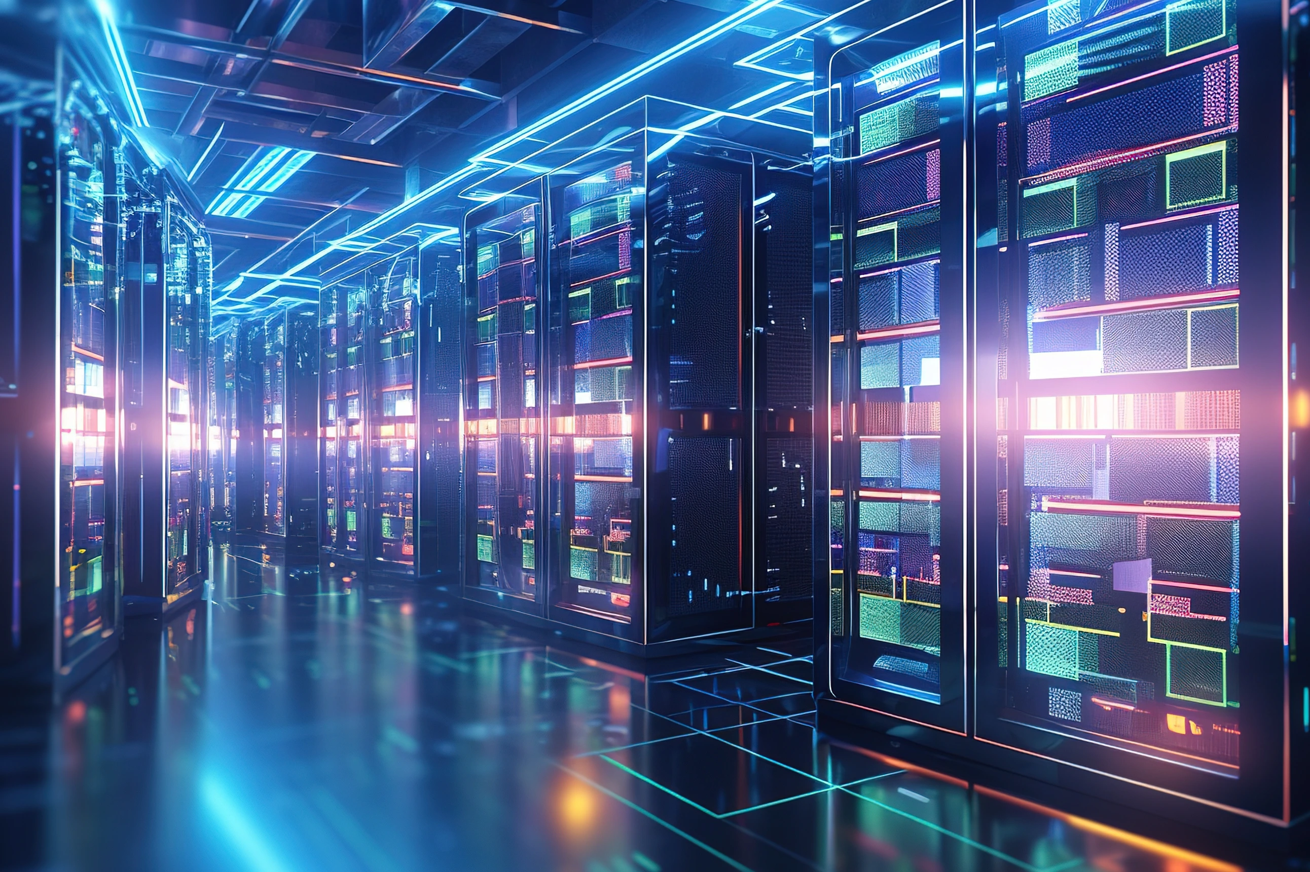 Shot of corridor in working data center filled with rack servers and supercomputers AI background