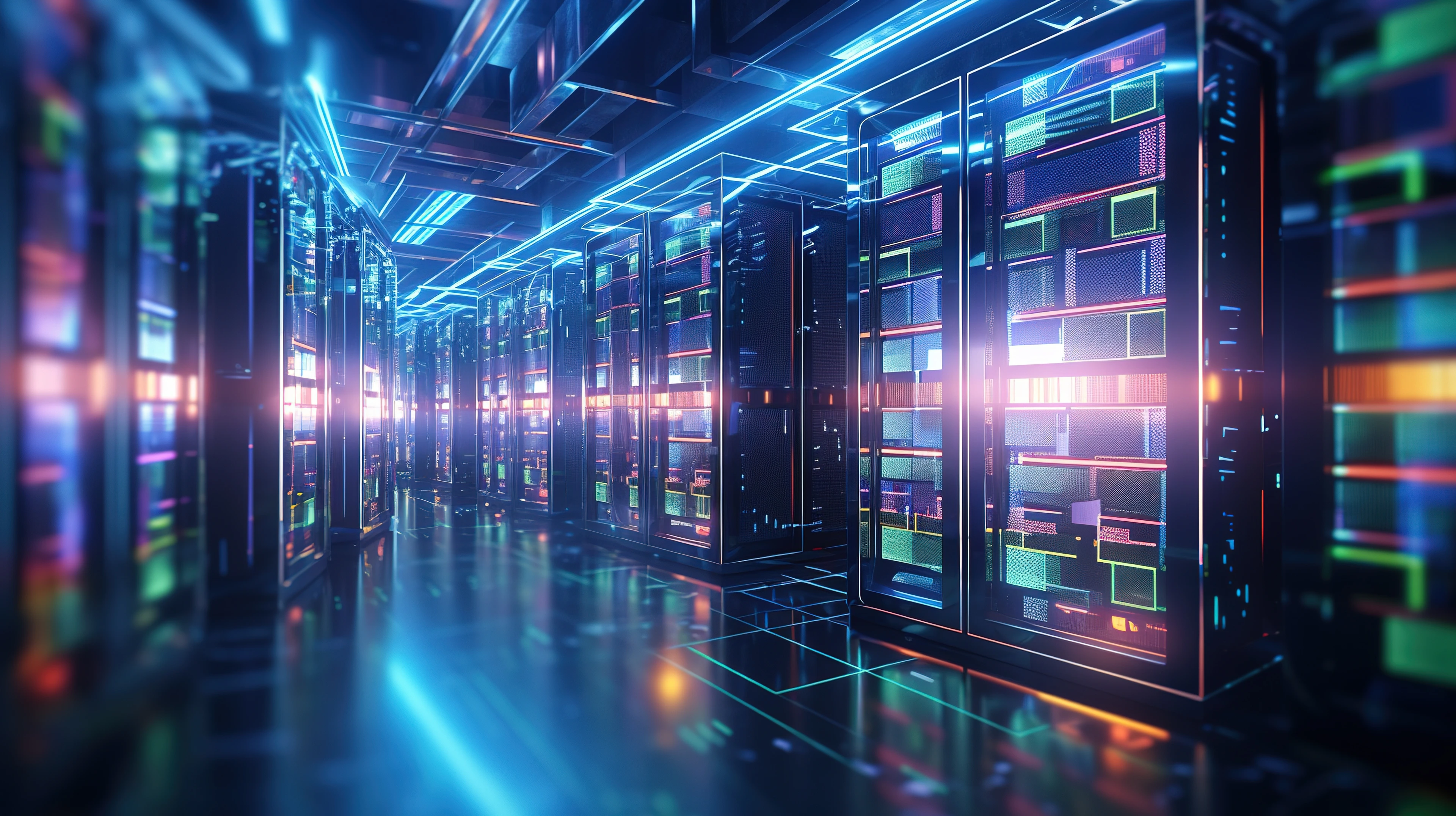 Shot of corridor in working data center filled with rack servers and supercomputers AI background