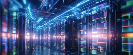 Shot of corridor in working data center filled with rack servers and supercomputers AI background