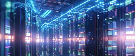 Shot of corridor in working data center filled with rack servers and supercomputers AI background