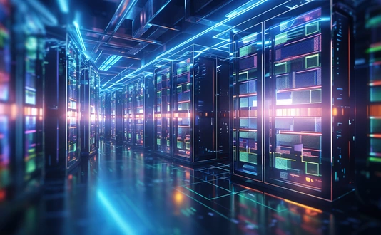 Shot of corridor in working data center filled with rack servers and supercomputers AI background