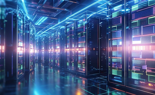 Shot of corridor in working data center filled with rack servers and supercomputers AI background