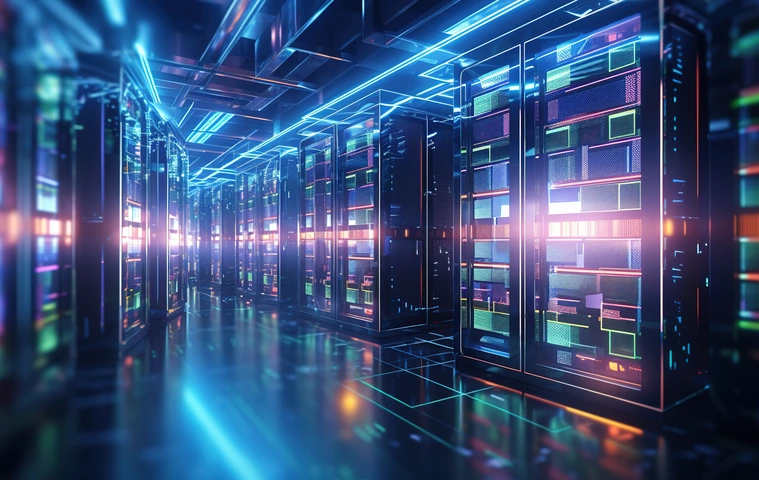 Shot of corridor in working data center filled with rack servers and supercomputers AI background