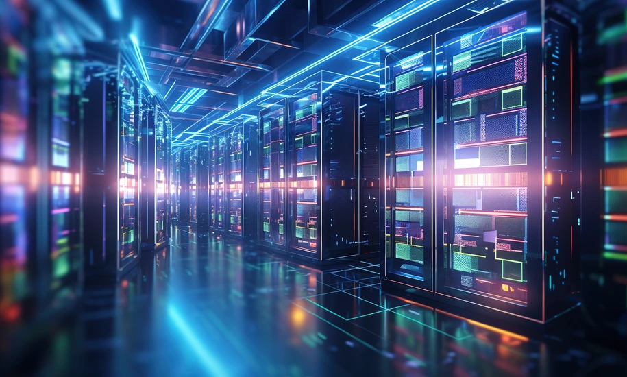 Shot of corridor in working data center filled with rack servers and supercomputers AI background