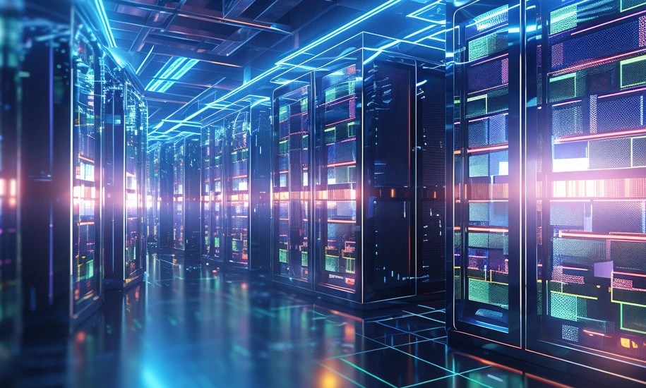 Shot of corridor in working data center filled with rack servers and supercomputers AI background