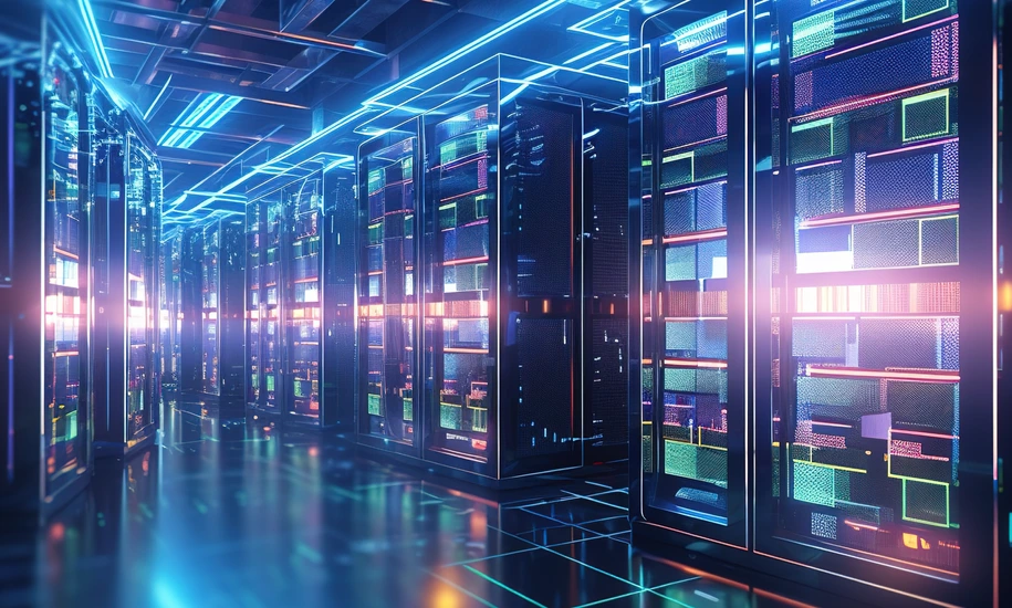 Shot of corridor in working data center filled with rack servers and supercomputers AI background