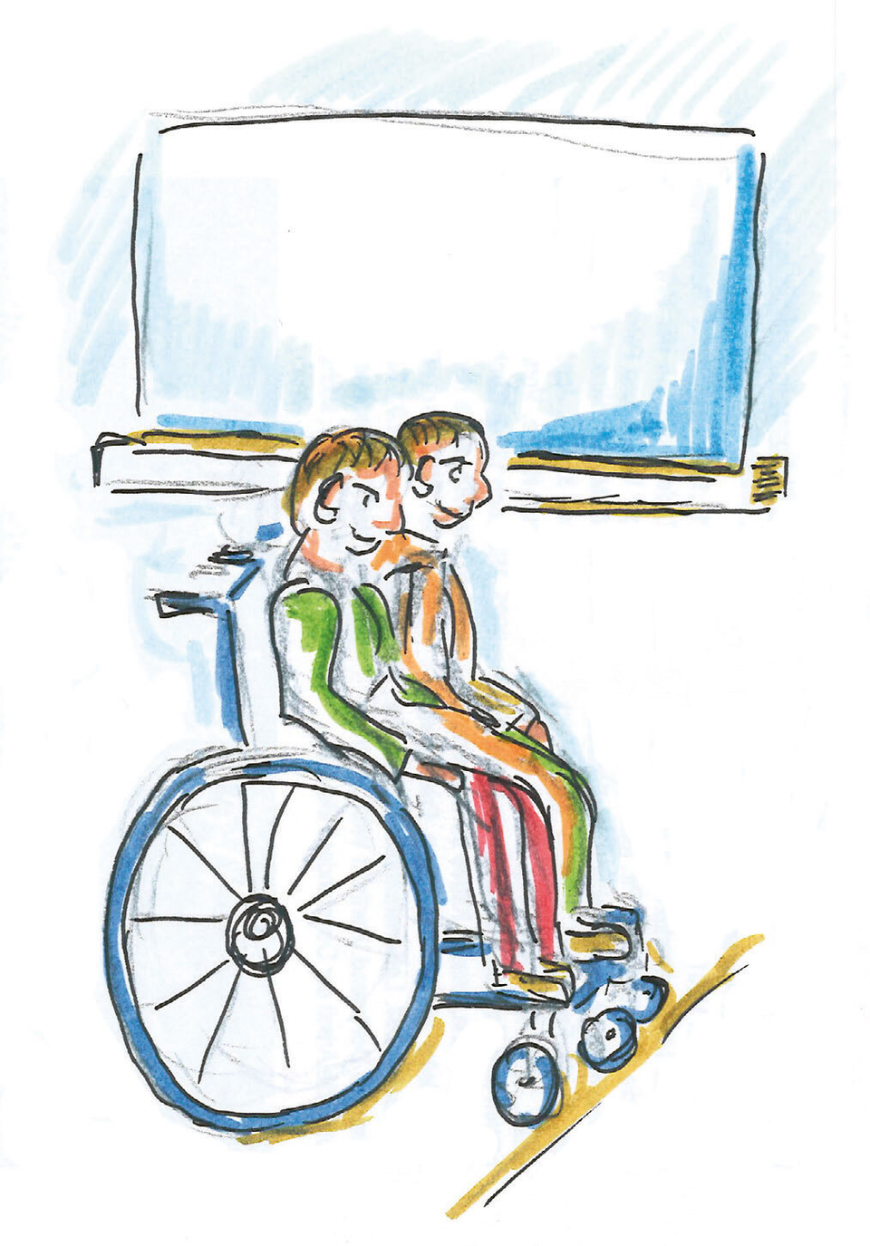 Zeichnung von 2 Personen, eine sitzt im Rollstuhl und hat eine andere Person auf dem Schoß. 