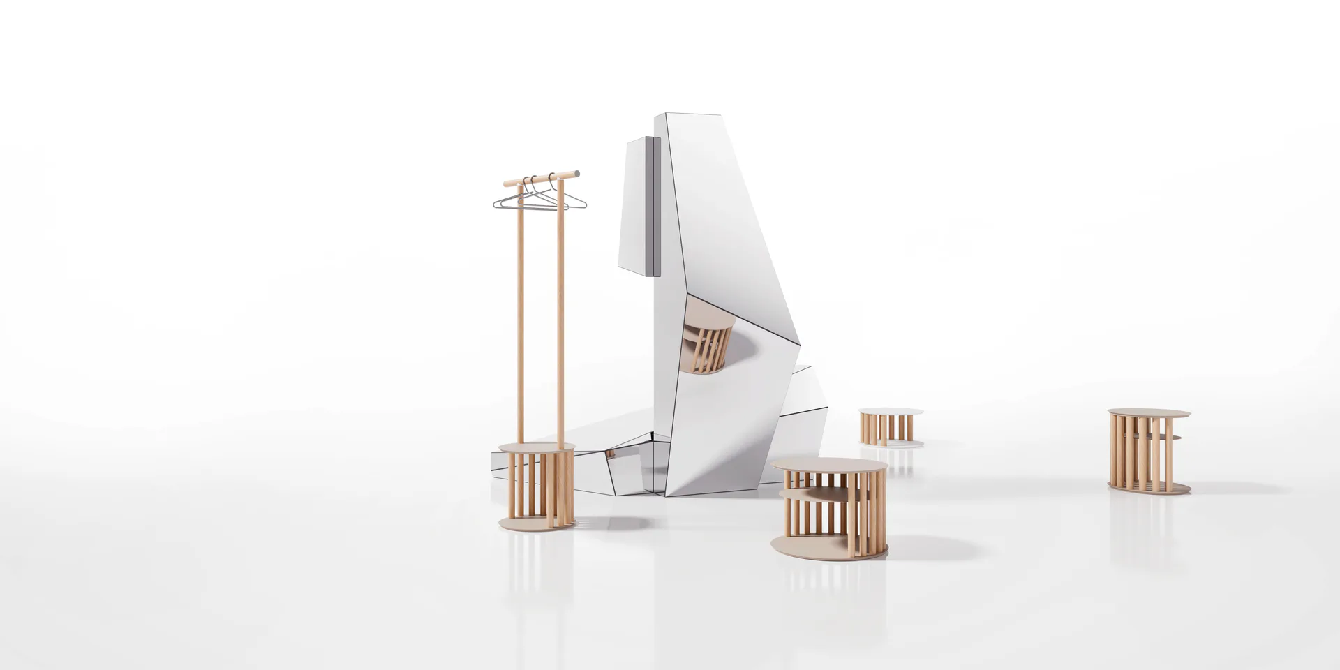 Beistelltische und Garderobe aus kreisförmig angeordneten Holzröhren.