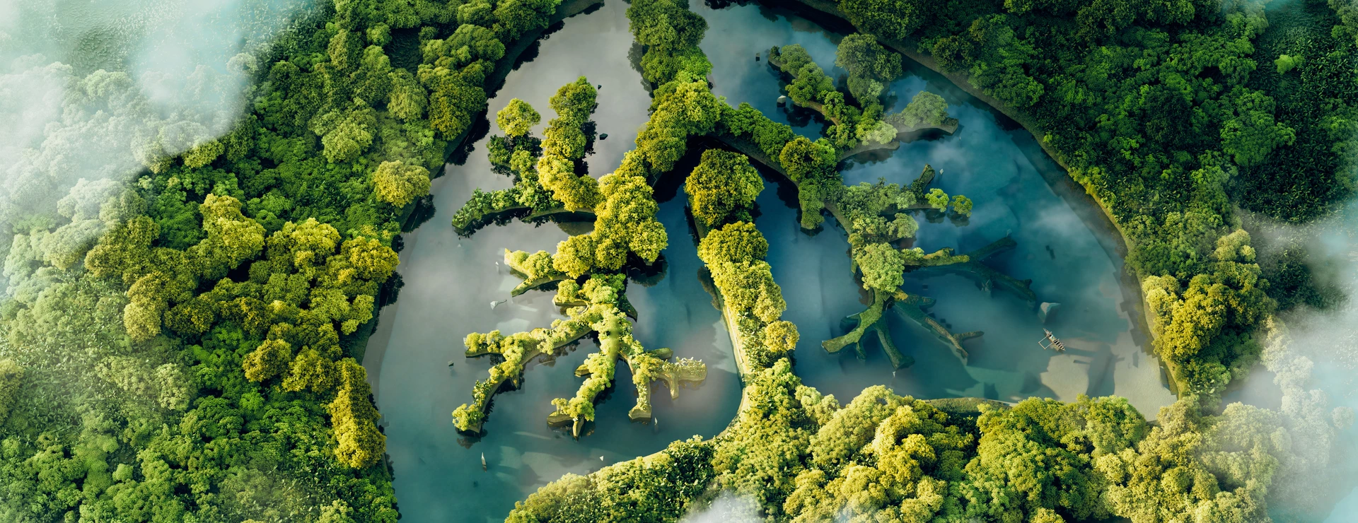 A conceptual image showing a lung-shaped lake in a lush and pristine jungle