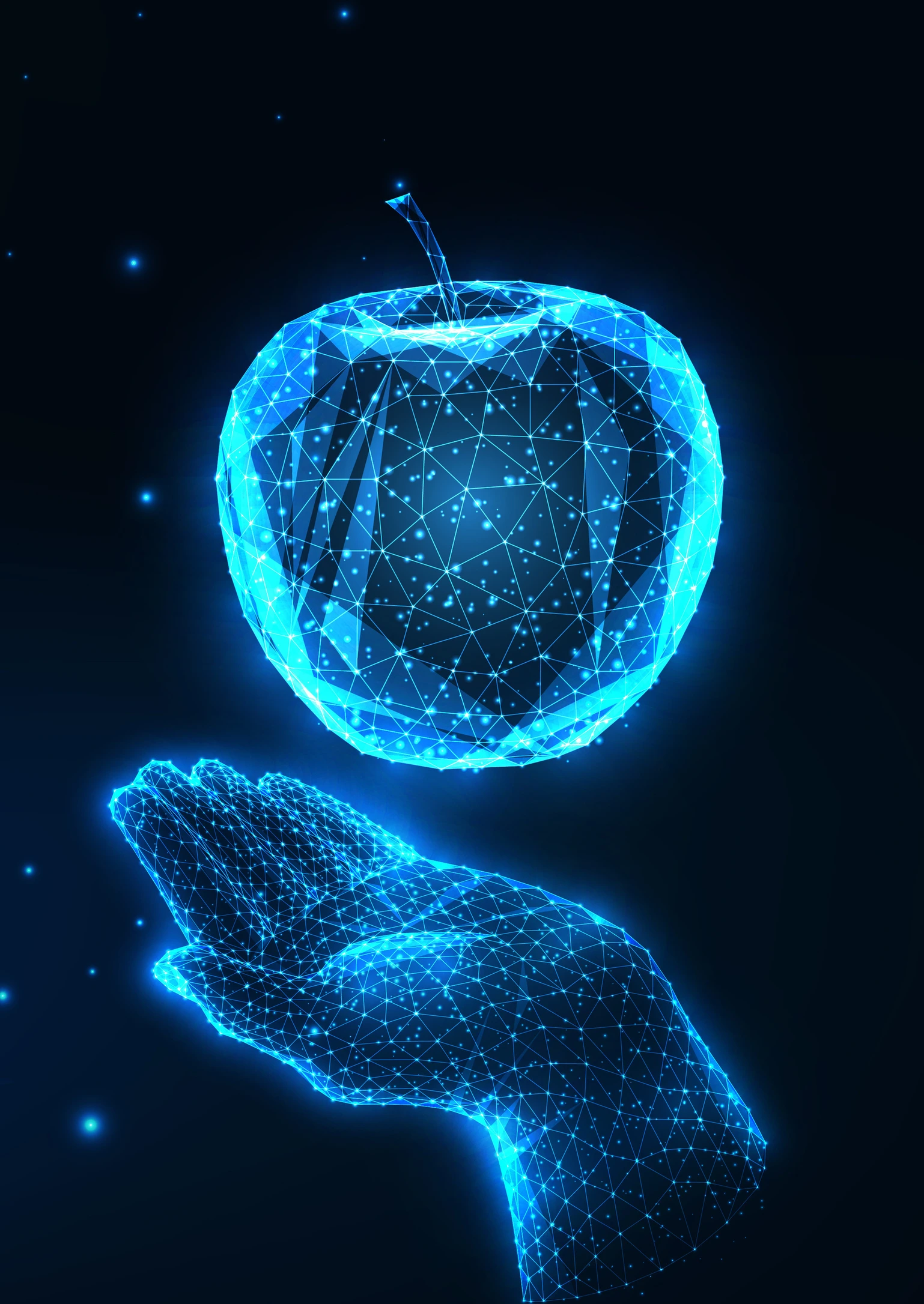 Futuristic healthy diet, nutrition concept with glowing low polygonal human hand holding apple