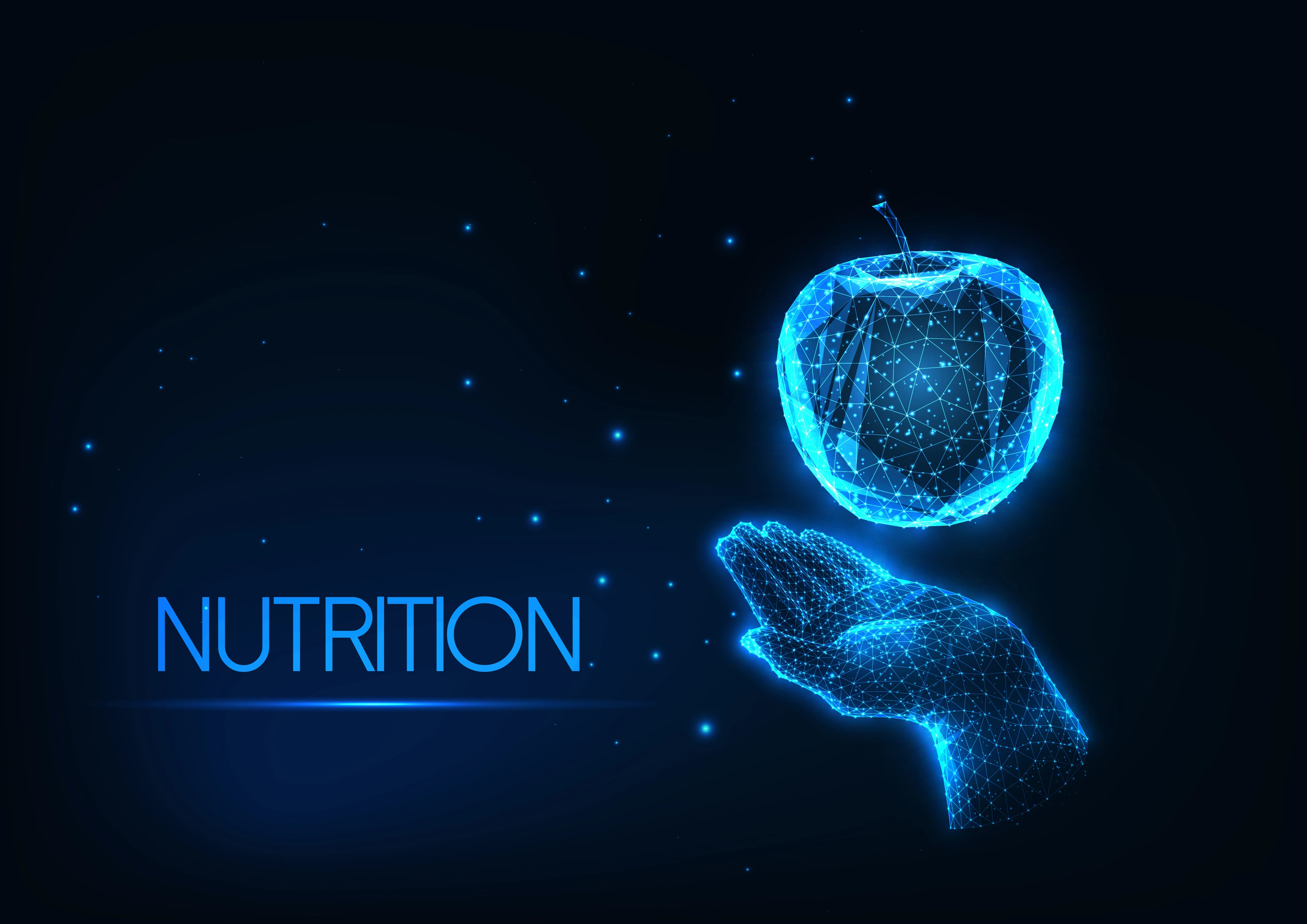 Futuristic healthy diet, nutrition concept with glowing low polygonal human hand holding apple