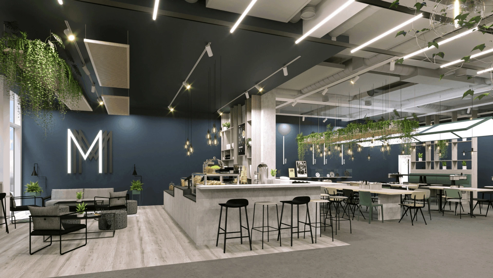 Offenes Café-Büro mit Tresen, Sitzgruppen, Hängelampen, vielen Pflanzen und Büromöbeln von PALMBERG, großes M-Logo.