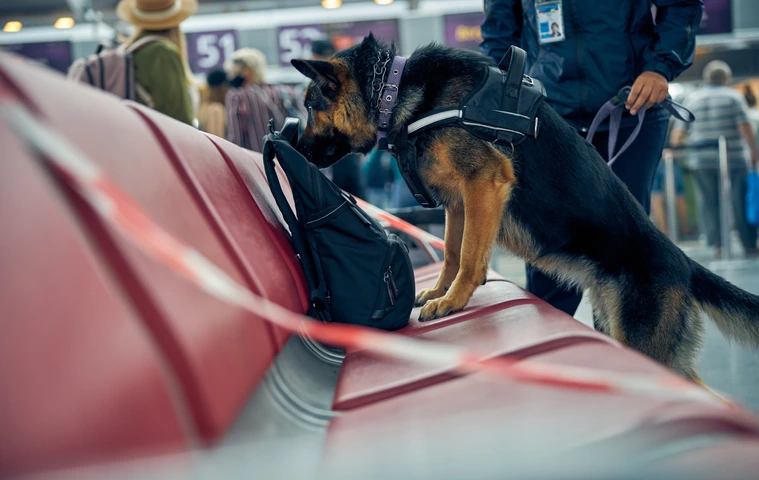 Officer and detection dog checking suspicious backpack at airport