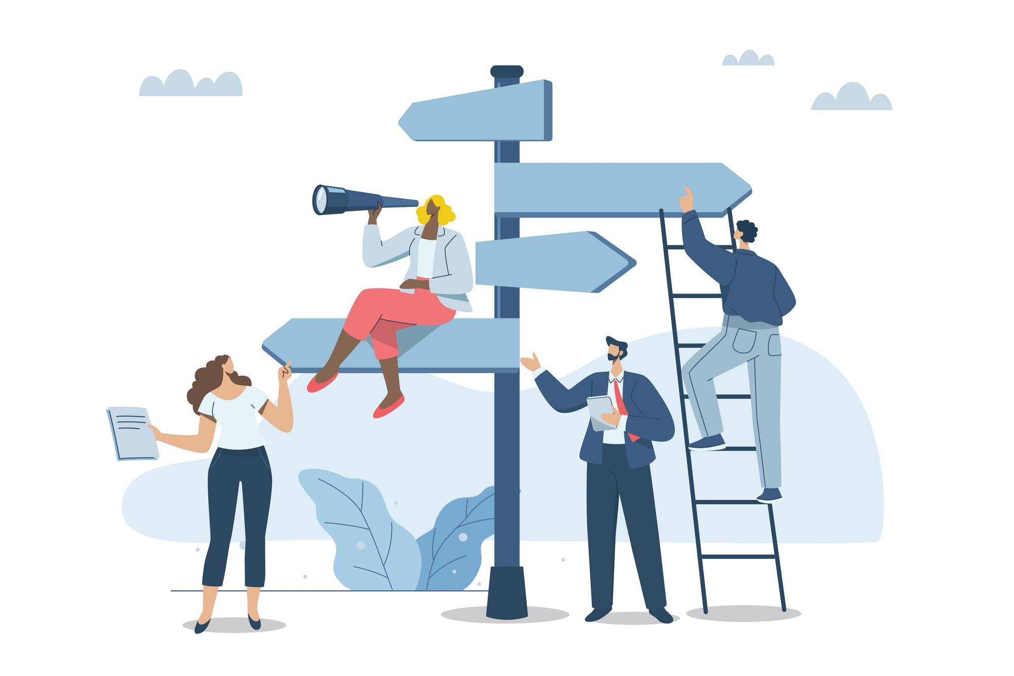Illustration einer Gruppe von Menschen an einem Wegweiser mit mehreren Richtungen, die gemeinsam Orientierung suchen, Entscheidungen diskutieren und Optionen prüfen