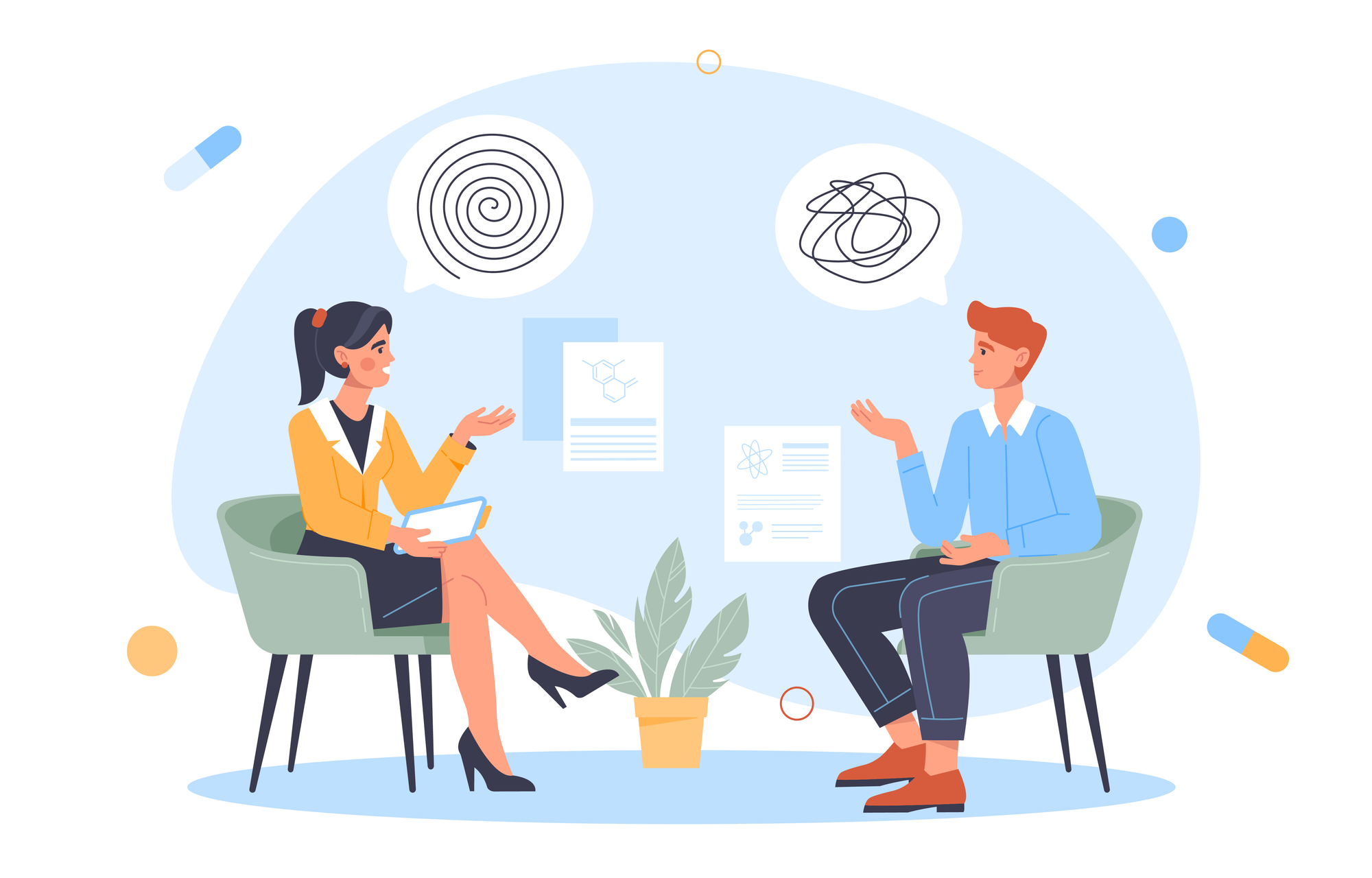 Illustration eines Beratungsgesprächs zwischen zwei Personen, die sich gegenüber sitzen und miteinander sprechen; über ihren Köpfen sind Gedankenblasen mit abstrakten Symbolen dargestellt.