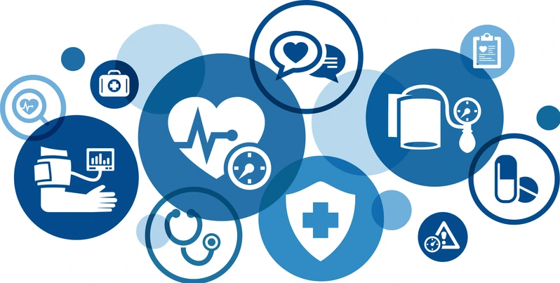 Icons related to high blood pressure, cardiovascular disease, blood pressure check and awareness, medicine and healthcare.