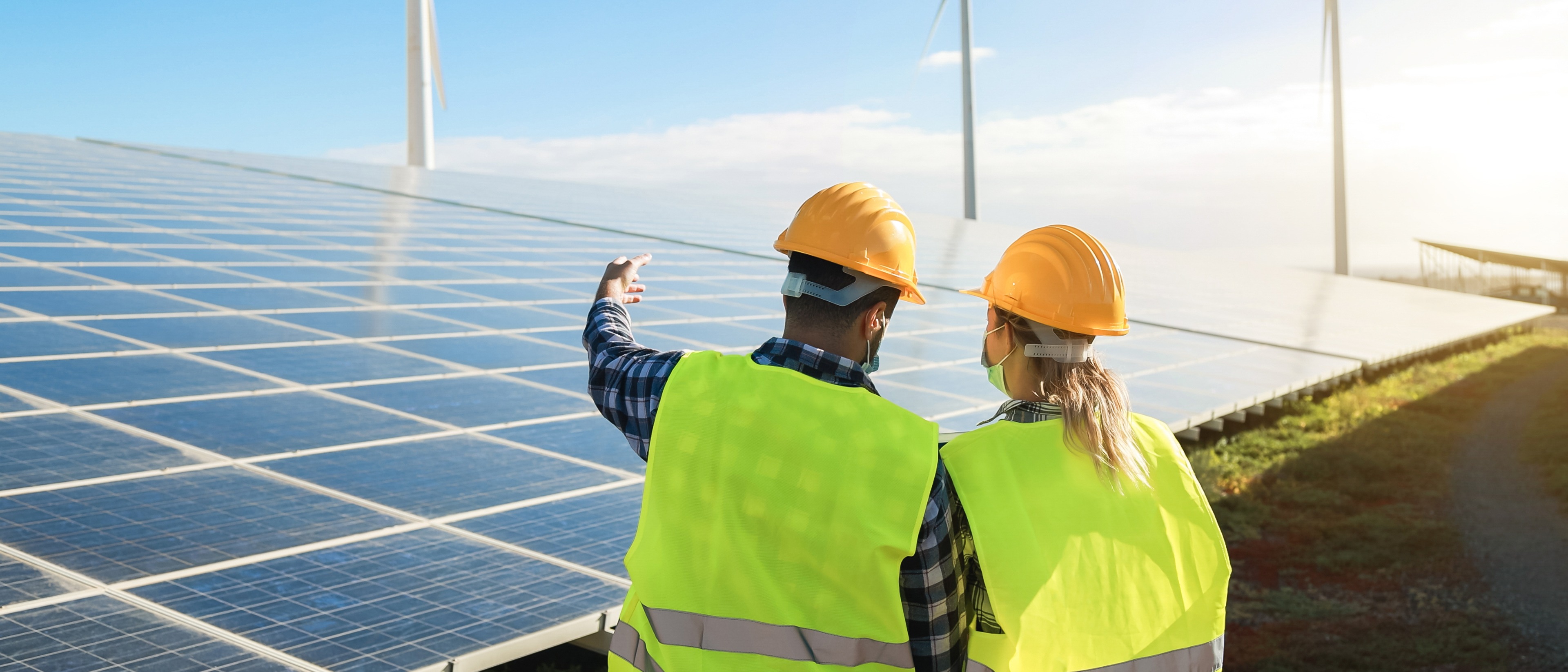 People working for alternative energy farm while wearing PPE