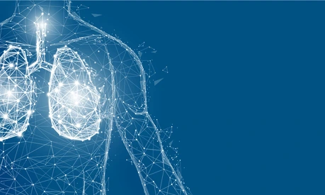 Human lungs anatomy form lines and triangles, point connecting network on blue background. Illustration vector