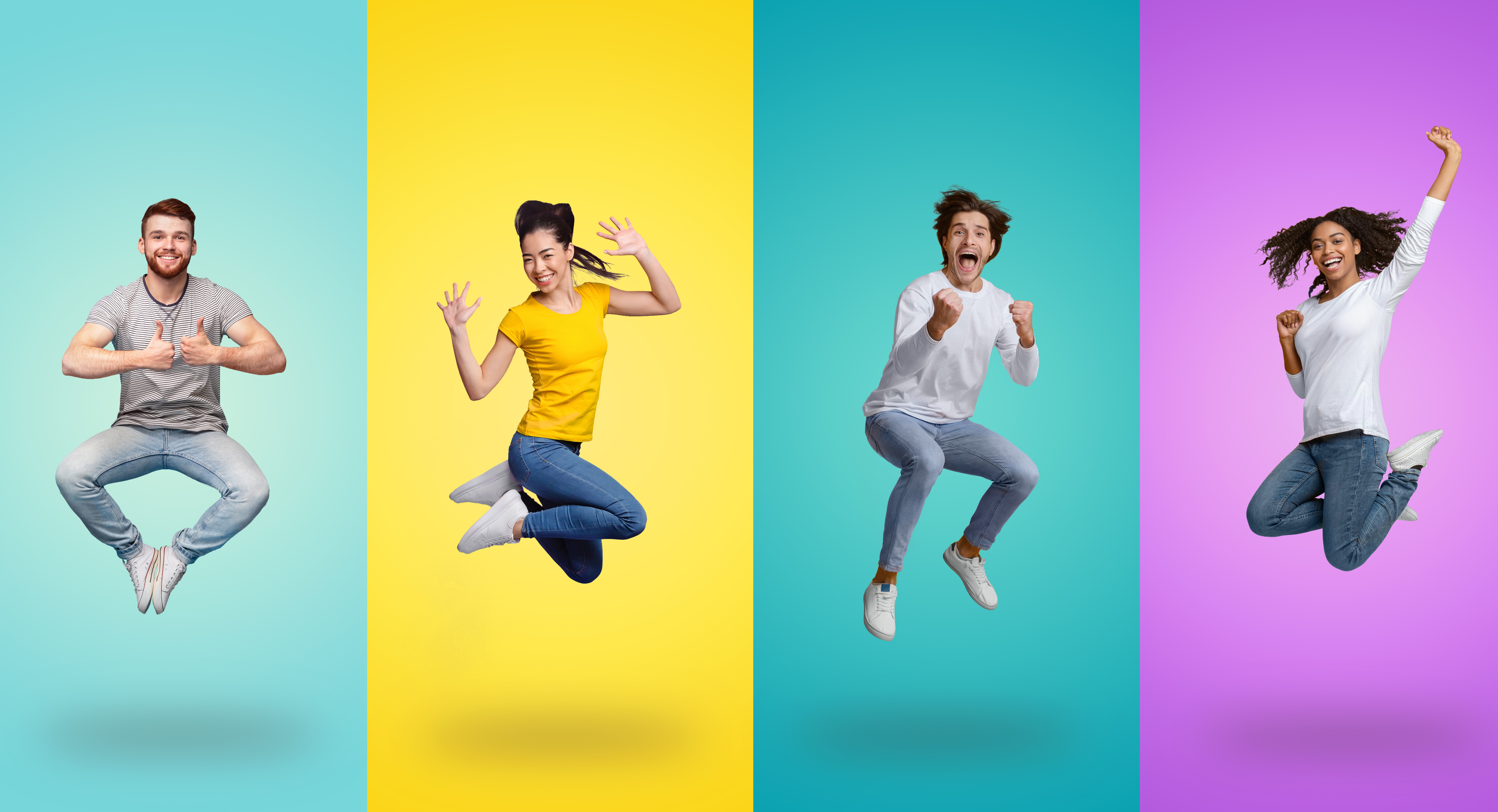 Joyful diverse group jumping up on colorful backgrounds, collage