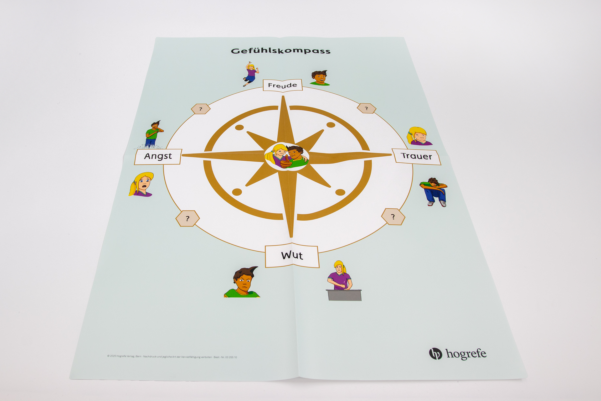 Poster mit einem Gefühlskompass aus dem Förderprogramm Ben & Lee, der die Grundemotionen Freude, Angst, Trauer und Wut zeigt, ergänzt durch Illustrationen der Figuren Ben und Lee